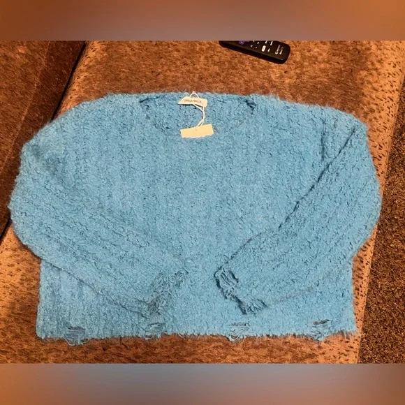 LL* New! Cropped and Distressed Fuzzy Blue Sweater - Picture 2 of 4